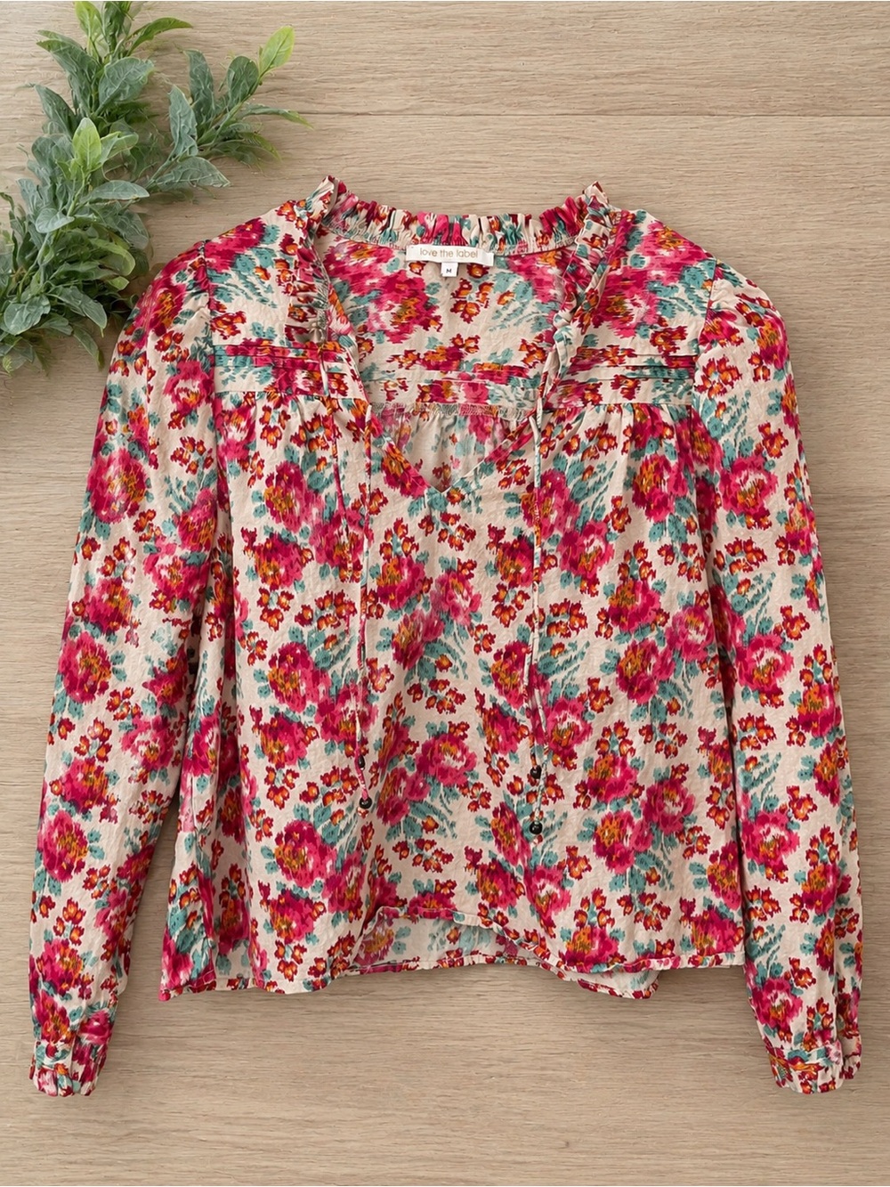 Love the Label Cream Floral Tie-Neck Blouse in Pink & Green